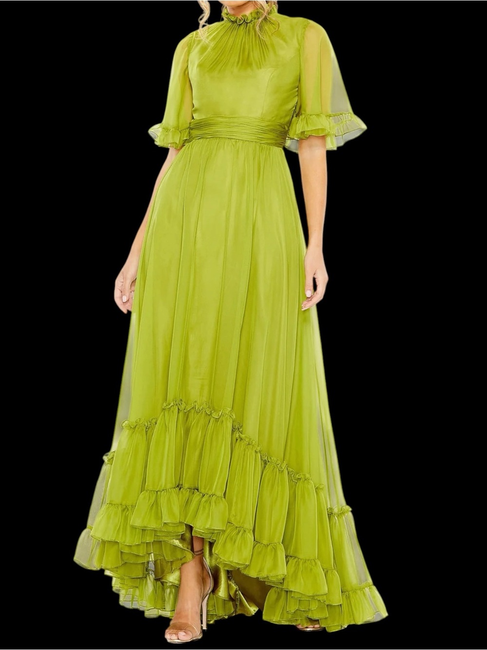 Mac Duggal Apple Green Ruffled High Neckline Tiered Formal Dress NWT